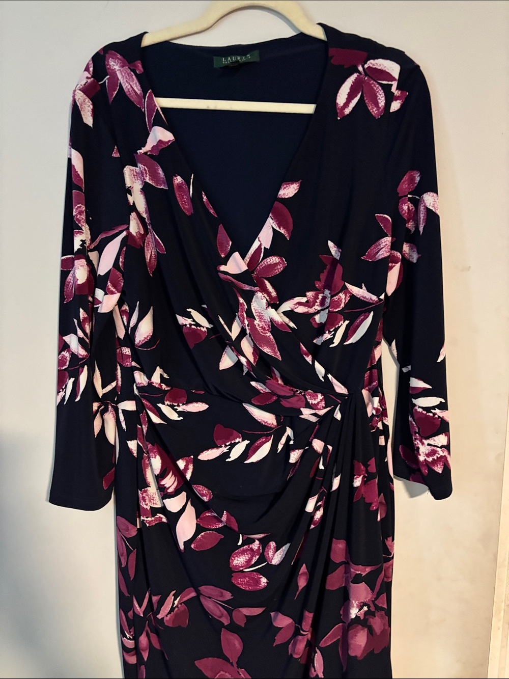 Lauren Ralph Lauren Black Floral Wrap Dress - Pink & Burgundy Leaf Motif